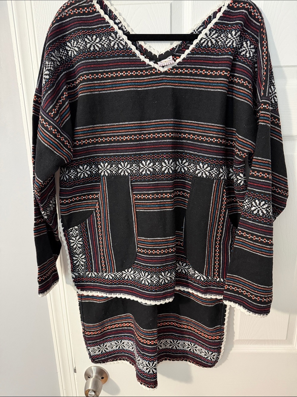 Vintage Three Cranes Gallery Boho Woven Tunic Dress Snowflake Lace Detail